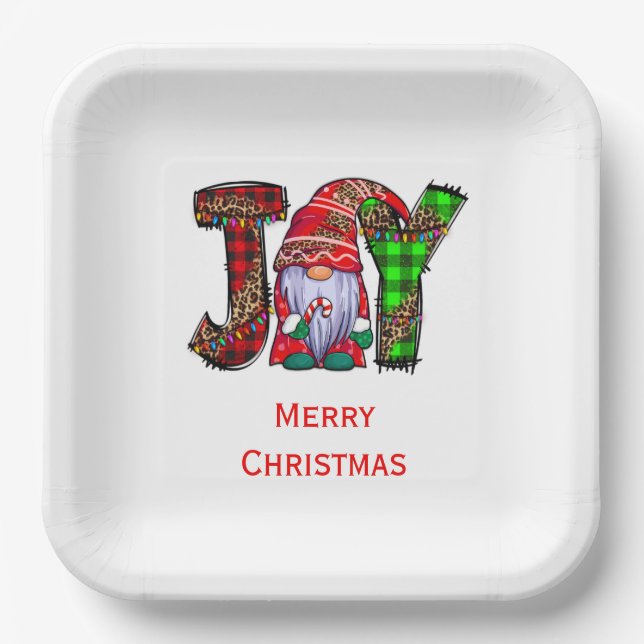 Personalised Joy Gnomes Merry Christmas  Paper Plate (Front)