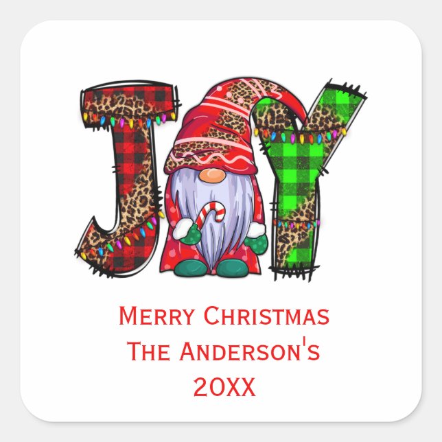 Personalised Joy Gnomes Merry Christmas Square Sticker (Front)