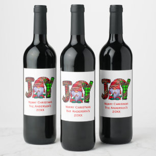 Personalised Joy Gnomes Merry Christmas Wine Label