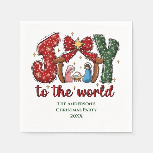 Personalised Joy Manger Scene Christmas Holiday Napkin (Front)
