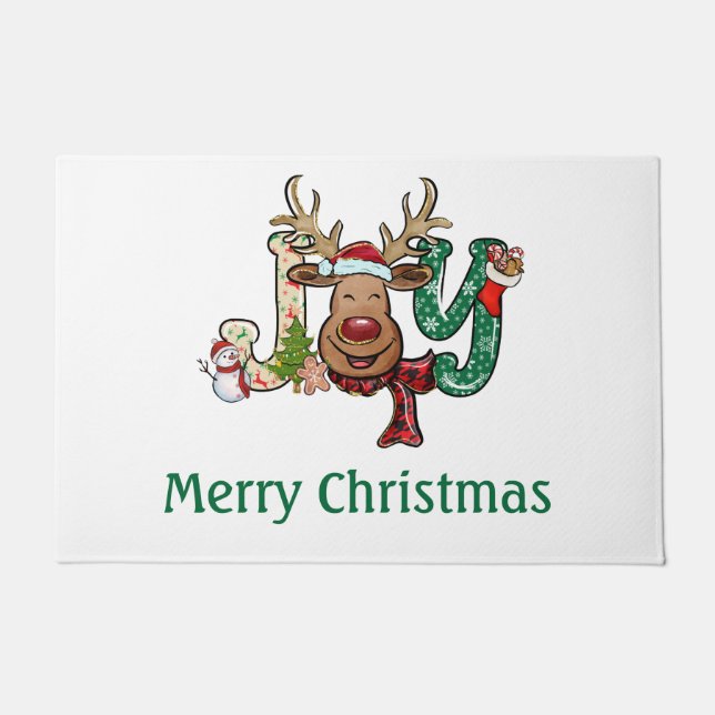 Personalised Joy Reindeer Fun Christmas Holiday  Doormat (Front)