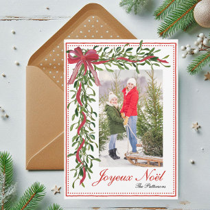 Personalised Joyeux Noël Red Bow Mistletoe Photo Holiday Card