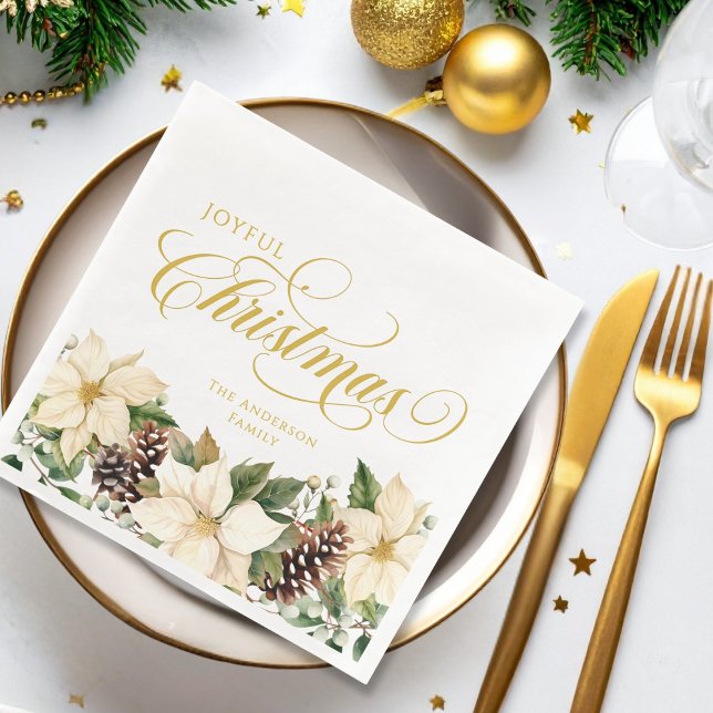 Personalised Joyful Christmas White Poinsettia   Napkin (Creator Uploaded)