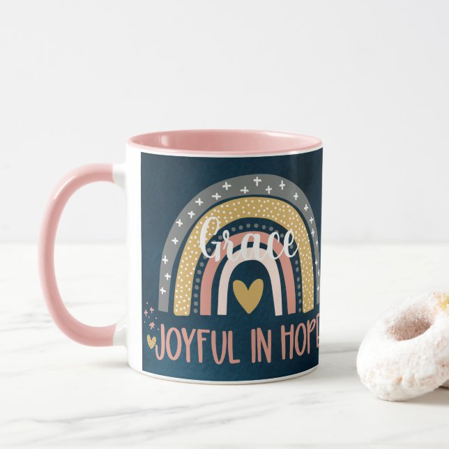 Personalised Joyful In Hope Christian Rainbow Mug (With Donut)
