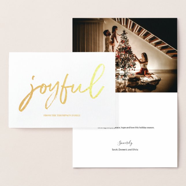 Personalised Joyful Script Family Photo Christmas Foil Card (Display)