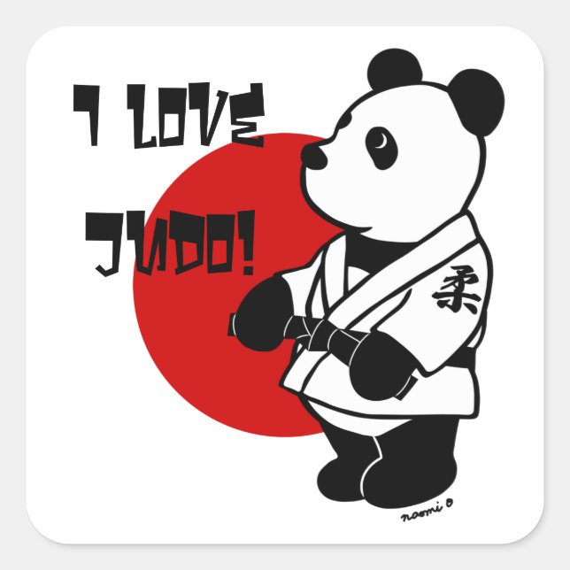 Personalised Judo Panda Cartoon Black Belt Square  Sticker (Front)