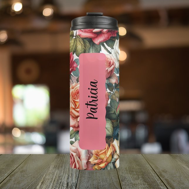 Personalised June Birth Flower Rose Thermal Tumbler (Personalized 20 oz thermal tumbler with birth flower for June the Rose design.)