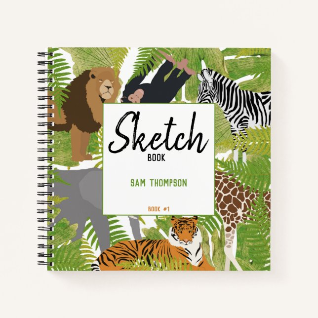 Personalised Jungle Animals Safari Kids Sketchbook Notebook (Front)