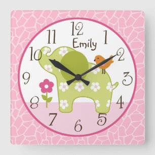 Personalised Jungle Girl Elephant  Nursery Clock