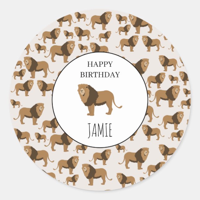 Personalised Jungle Lion Animal Pattern Birthday Classic Round Sticker (Front)