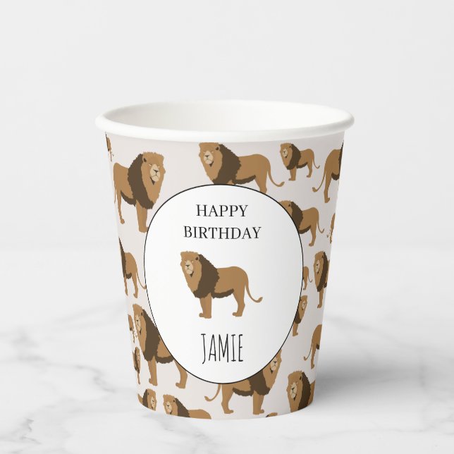 Personalised Jungle Lion Animal Pattern Birthday Paper Cups (Front)