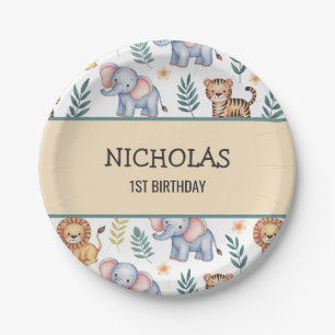 Personalised Jungle Safari Animals Watercolor Paper Plate