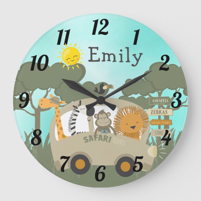 Personalised Jungle Safari Baby Animals Nursery  Large Clock (Front)