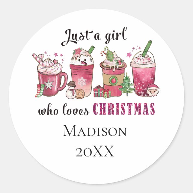Personalised Just Girl Who Loves Christmas Trendy Classic Round Sticker (Front)