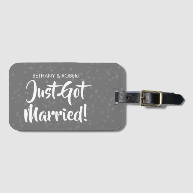 Personalised Just Got Married Silver Confetti Luggage Tag (Front Horizontal)