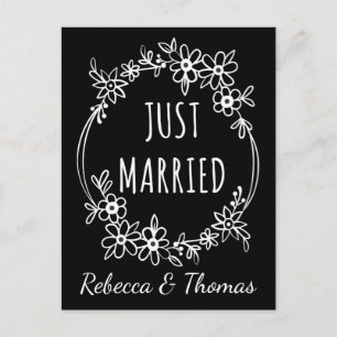 Personalised Just Married Black Wedding Floral Announcement Postcard