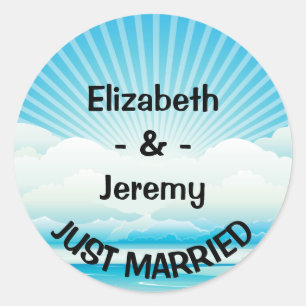 Personalised Just Married Blue Nautical Wedding Classic Round Sticker