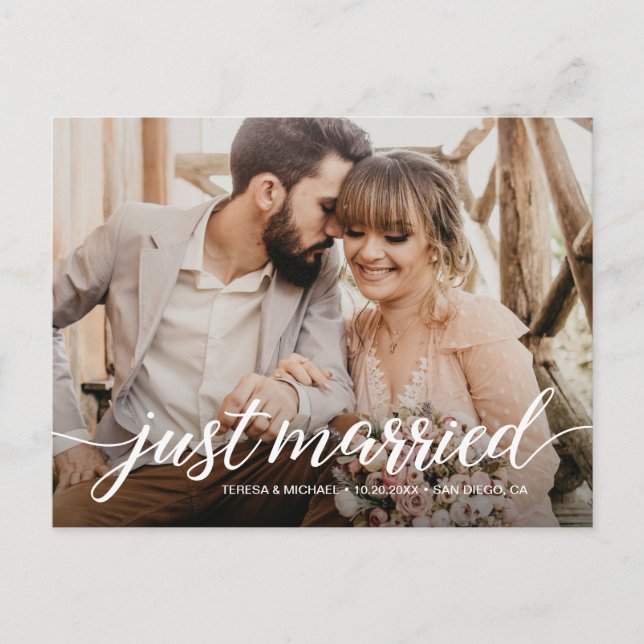 Personalised "Just Married" Elopement Photo Postca Postcard (Front)