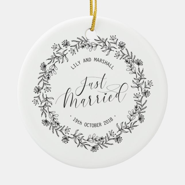 Personalised Just Married Floral Ceramic Ornament (Front)