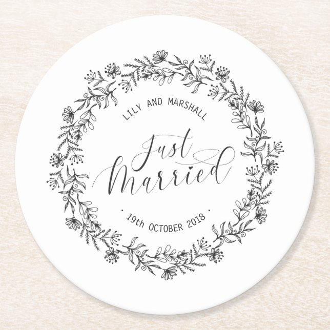 Personalised Just Married Floral | Paper Coaster (Front)