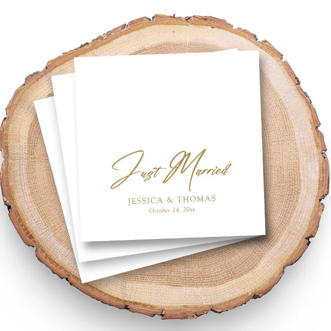 Personalised Just Married Gold Hand-lettered Napkin (Personalized Just Married napkins with the couple's names and wedding date.)