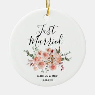 Personalised Just Married Peach Floral Ceramic Tree Decoration