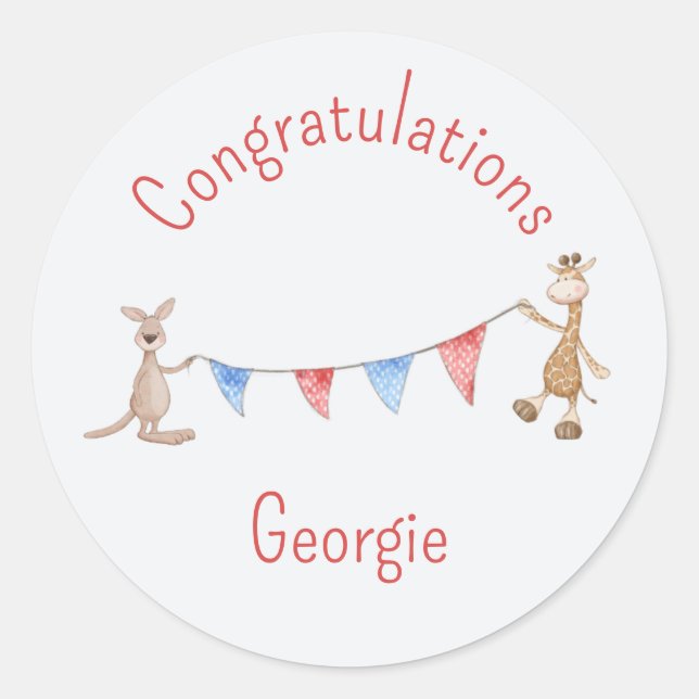 Personalised Kangaroo and Giraffe Congratulations Classic Round Sticker (Front)