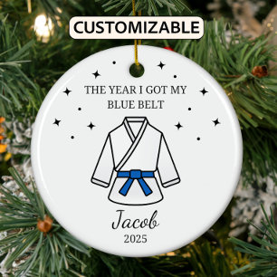 Personalised Karate Blue Belt, Taekwondo Outfit Ceramic Tree Decoration