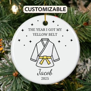 Personalised Karate Yellow Belt, Taekwondo Outfit Ceramic Tree Decoration