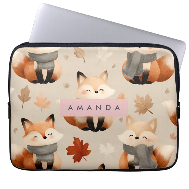 Personalised Kawaii Autumn Fox Pattern Laptop Sleeve (Front)