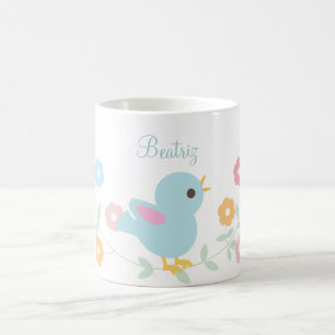 Personalised Kawaii Bird and Flowers Coffee Mug