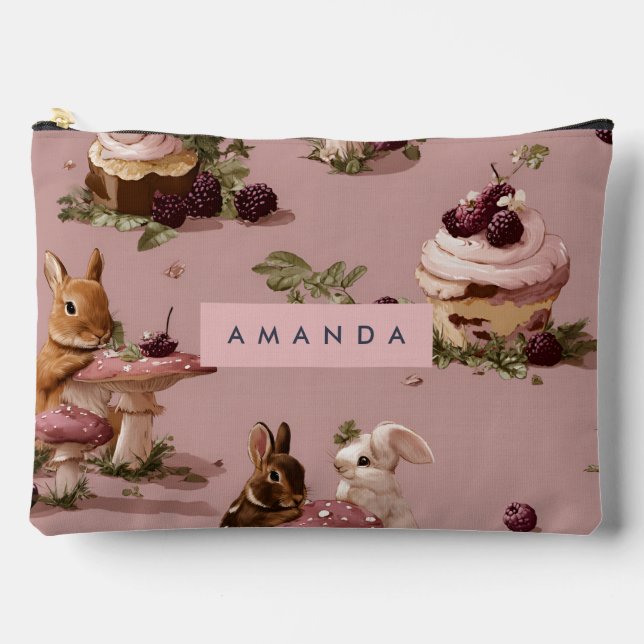 Personalised Kawaii Bunny & Berry Cupcake Pattern Accessory Pouch (Front)