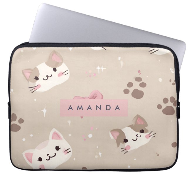Personalised Kawaii Cat Face Pattern Laptop Sleeve (Front)