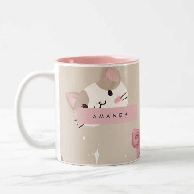 Personalised Kawaii Cat Face Pattern Two-Tone Coffee Mug (Left)
