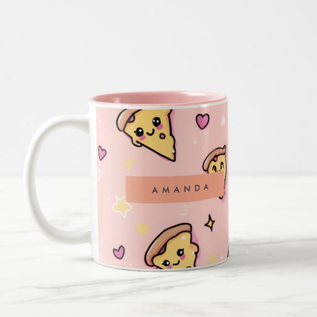 Personalised Kawaii Fun Pizza Slice Pattern Two-Tone Coffee Mug (Left)