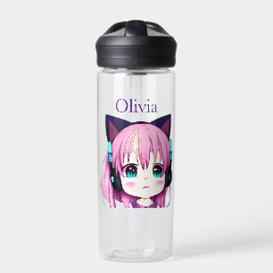 Personalised Kawaii Girl with Headphones on Water Bottle