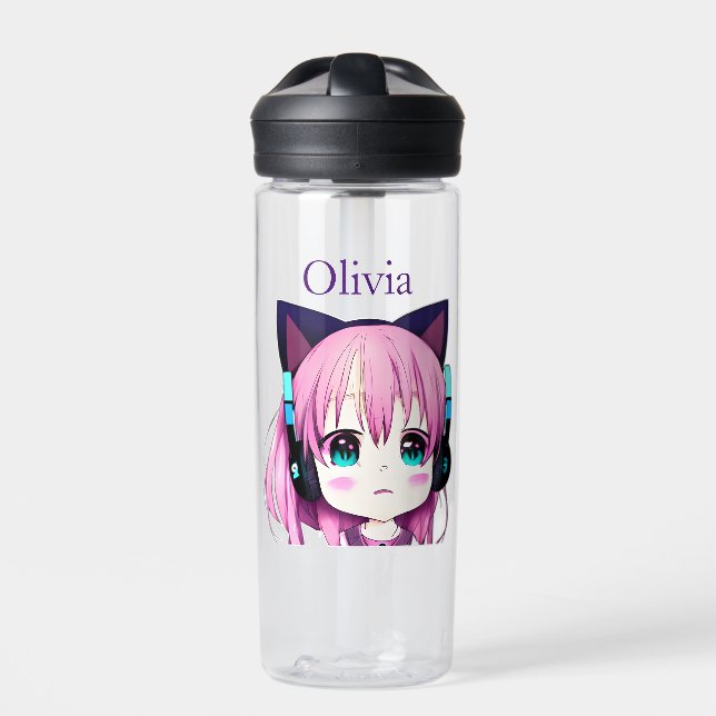Personalised Kawaii Girl with Headphones on Water Bottle (Front)