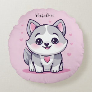 Personalised Kawaii Husky Puppy Pink Round Cushion