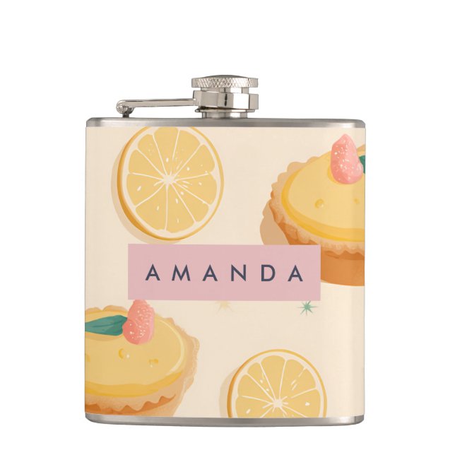 Personalised Kawaii Lemon Tart Pattern Hip Flask (Front)