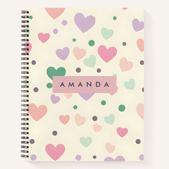 Personalised Kawaii Pastel Hearts & Dots Notebook (Front)