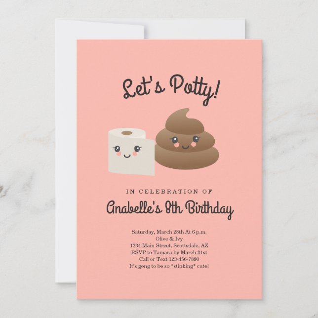 Personalised Kawaii Poop & TP (Toilet Paper) Party Invitation (Front)