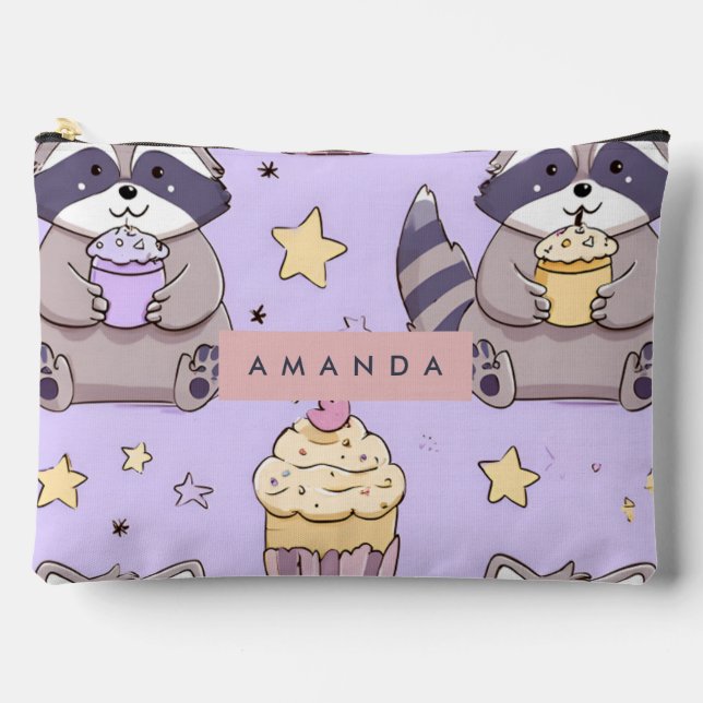 Personalised Kawaii Raccoons with Cupcakes Pattern Accessory Pouch (Front)