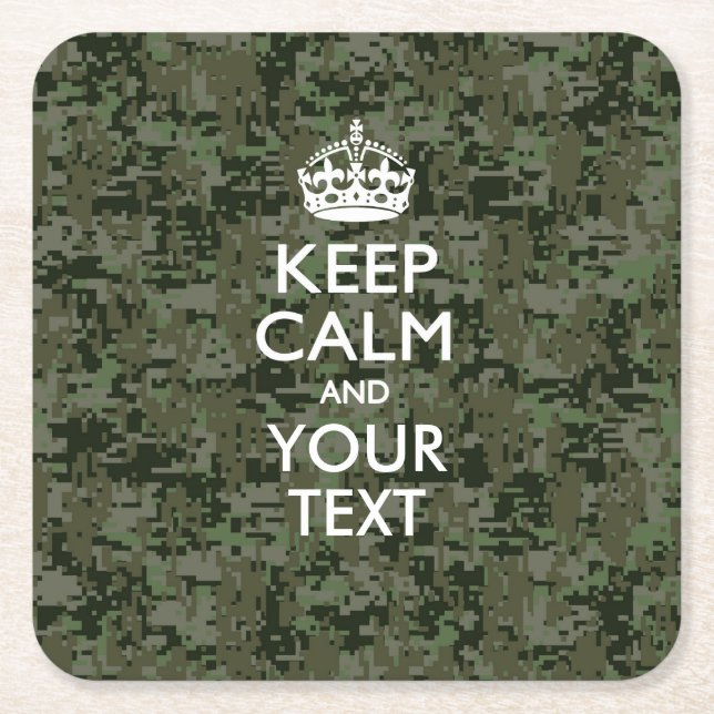 Personalised KEEP CALM AND Your Text Digital Camo Square Paper Coaster (Front)