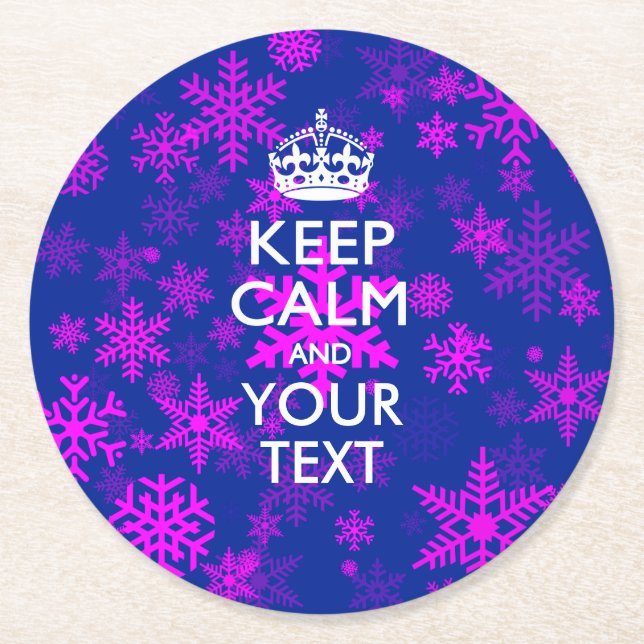 Personalised KEEP CALM AND Your Text Snow Round Paper Coaster (Front)