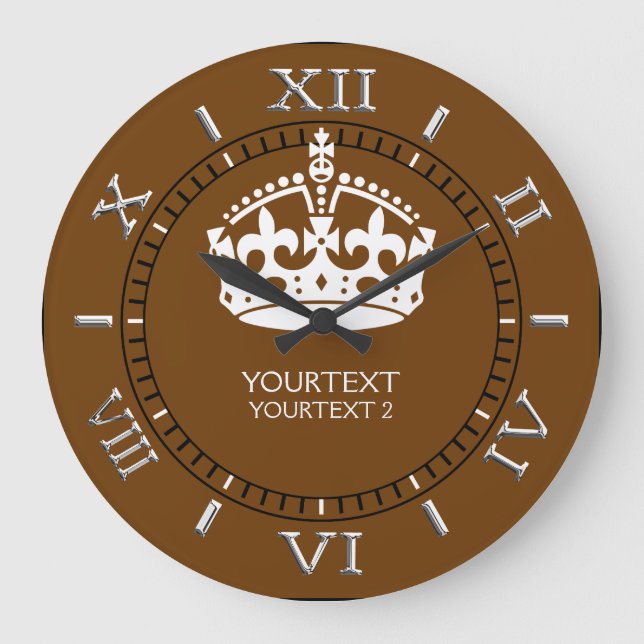 Personalised KEEP CALM Crown your text Brown Dial Large Clock (Front)