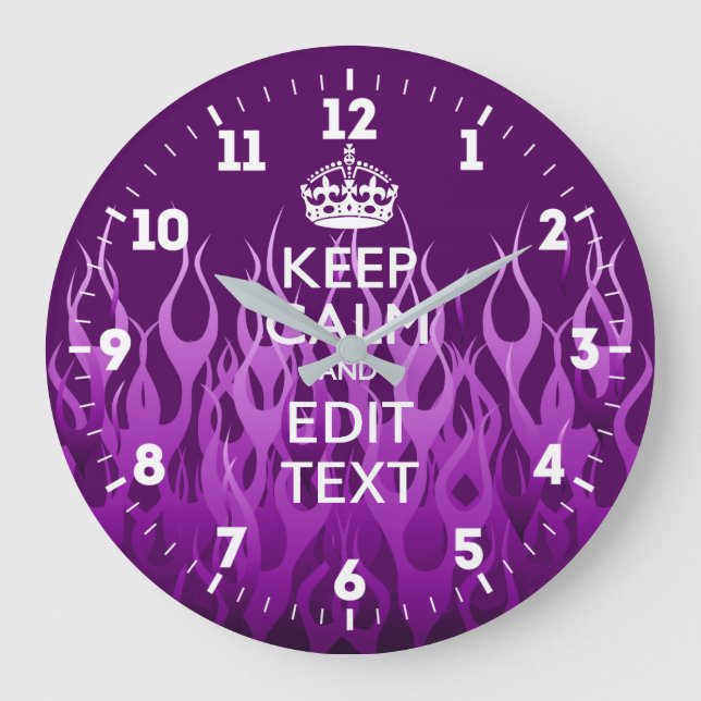 Personalised Keep Calm Get Your Text Purple Flames Large Clock (Front)