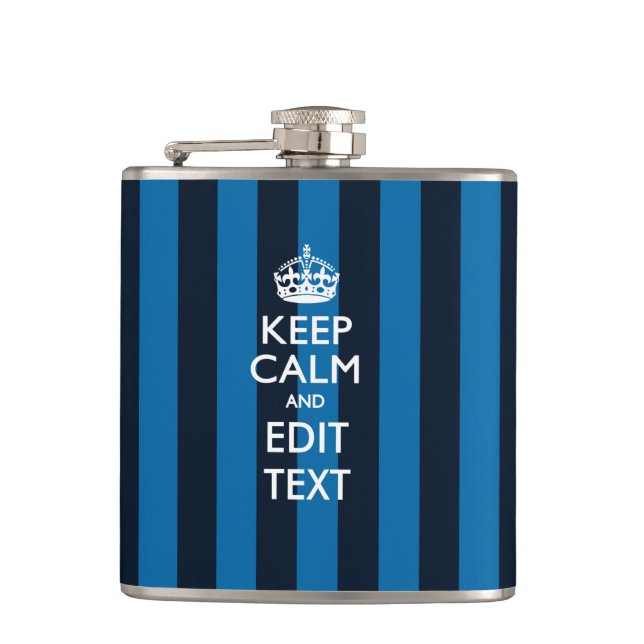 Personalised Keep Calm on Blue Stripes Decor Hip Flask (Front)