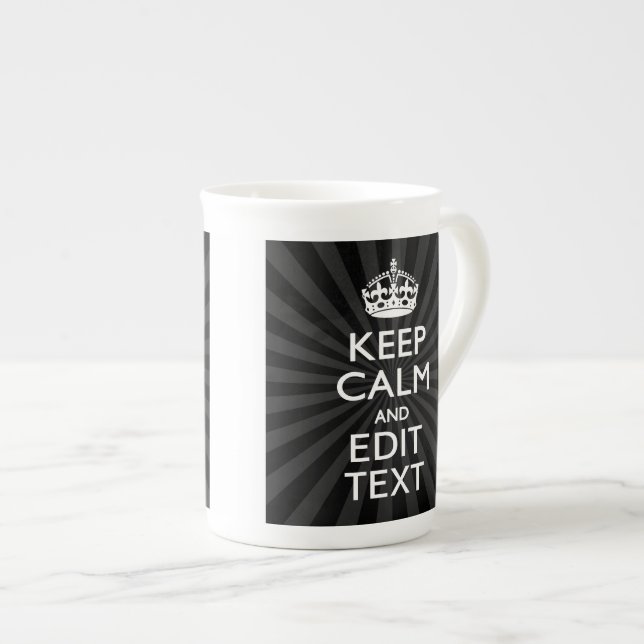 Personalised KEEP CALM Your Text Black Sunburst Bone China Mug (Front Right)