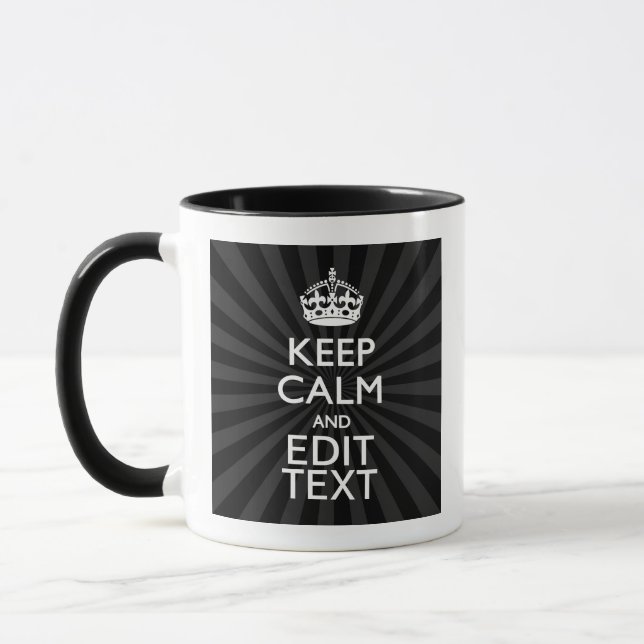 Personalised KEEP CALM Your Text Black Sunburst Mug (Left)