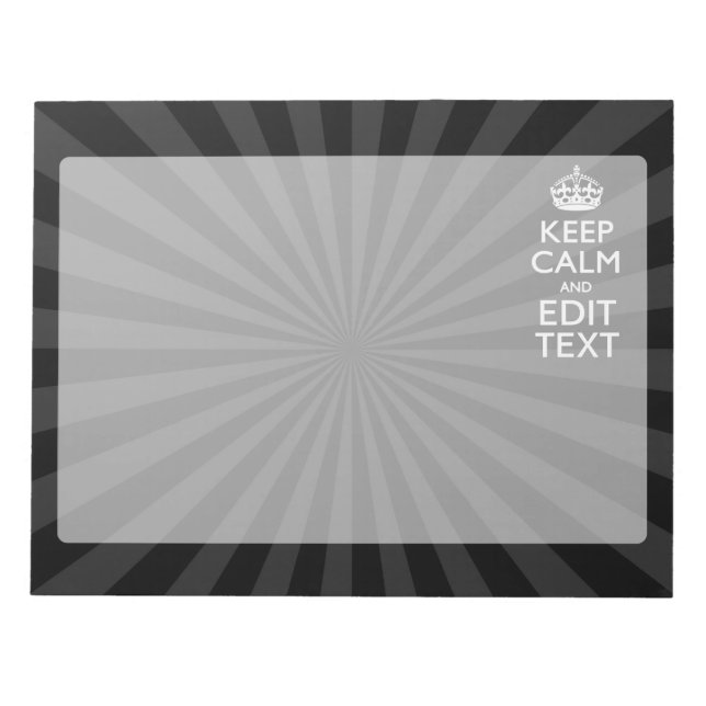Personalised KEEP CALM Your Text Black Sunburst Notepad (Front)